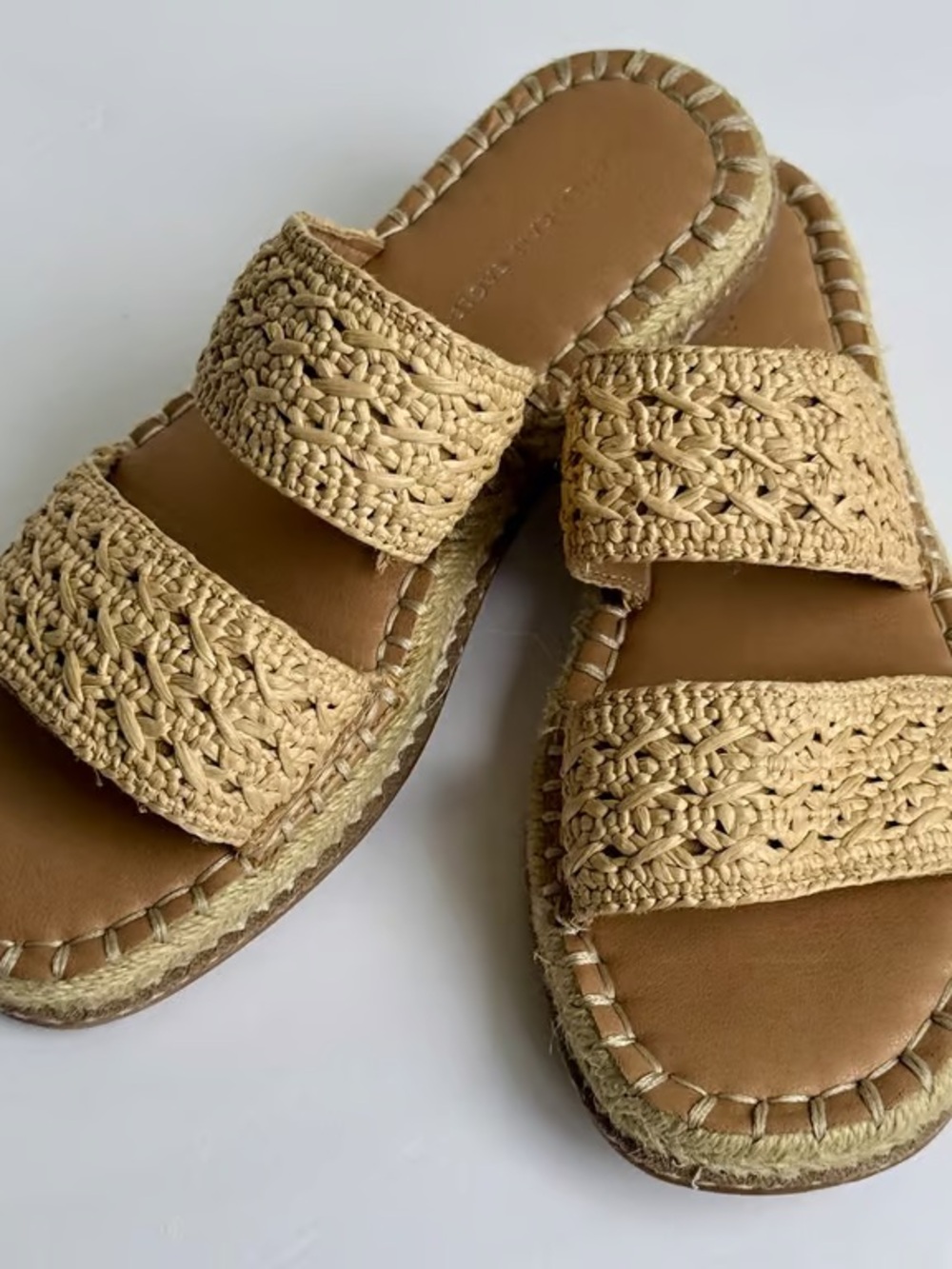 Woven Raffia Double-Strap Slide Sandals - Beige
